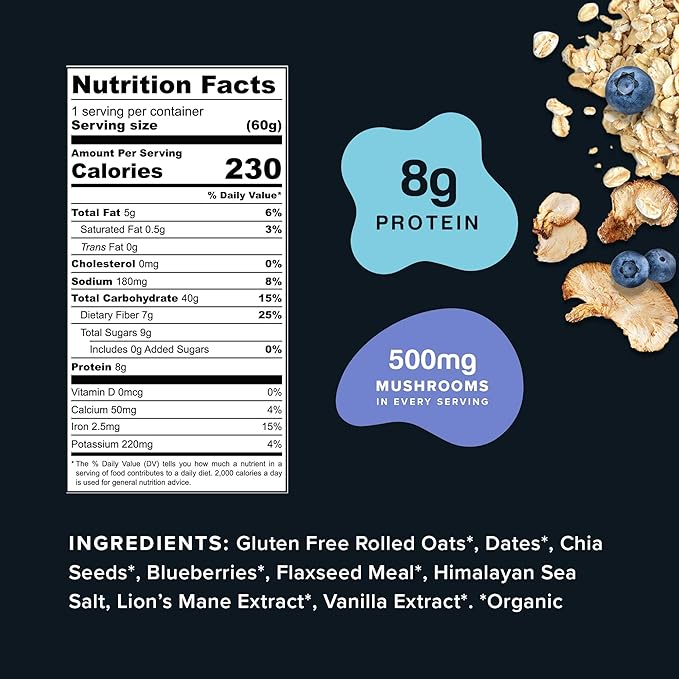 Mushroom Overnight Oats (6 Pack) Superfood Lions Mane Mushroom Chia &amp Flax Seed - Organic Protein Oatmeal - High Fiber Vegan Gluten Free Low Sugar - Easy Prep Plant Protein - Blueberry