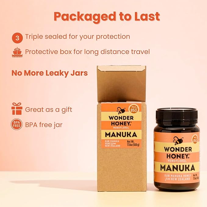 Wonder Honey Raw Manuka Honey New Zealand MGO550 (15+) Tested for 26 Markers Traceable Natural Soothing for Sore Throat Cough - Aids Digestion - Triple Sealed for safety in a Protective Box (1.1lb)