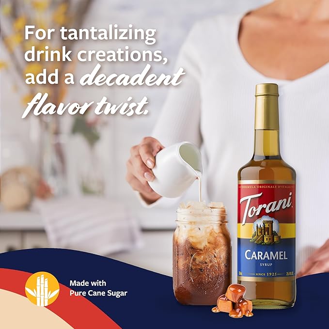 Torani Caramel Coffee Syrup for Drinks &amp Desserts Glass Bottle 4-Pack Pumps Included 25.4 Fl Oz Ea