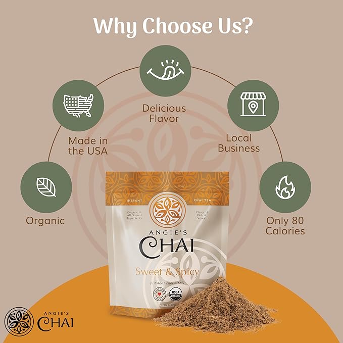 Angie's Chai Sweet &amp Spicy Organic Instant Chai Tea Powder - Made in USA Delicious Spiced Chai Powder Mix 30 Servings 80 Calories Handcrafted Free of Artificial Ingredients Natural Indian Sp
