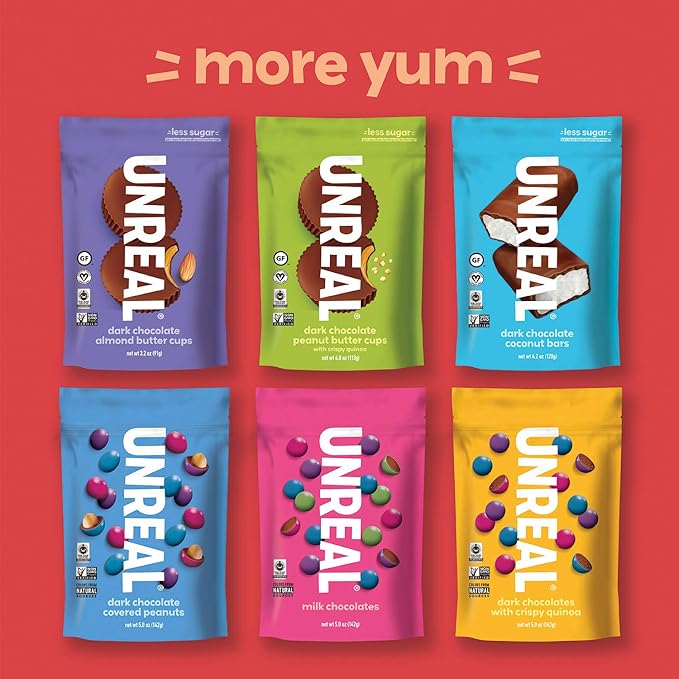 UNREAL Vegan Variety Pack (5 Bag Sampler) | Less Sugar Fair Trade Non-GMO Ingredients with no Corn Syrup or Sugar Alcohols No Soy