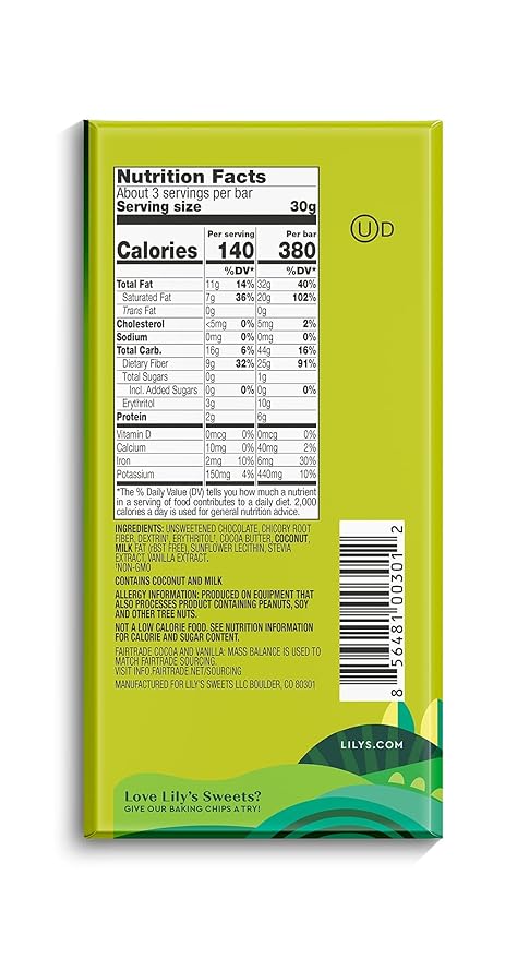 Lily's by Stevia Sweetened No Added Sugar Low-Carb Keto Friendly 55% Cocoa Fair Trade Gluten-Free &amp Non-GMO 3 4-Pack Coconut Dark Chocolate Bar 12 Oz