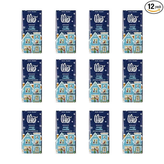 Theo Chocolate Holiday Sweet Vanilla Organic Milk Chocolate Bar 45% Cacao 12 Count | Fair Trade