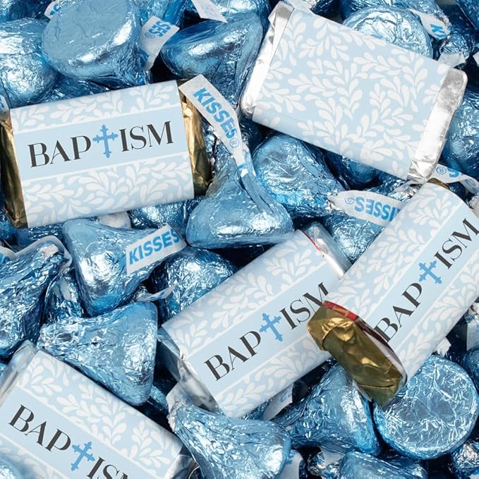 124 Pcs Boy Baptism Candy Party Favors Miniatures Chocolate &amp Kisses (1.58 lbs Approx. 124 Pcs) - Blue
