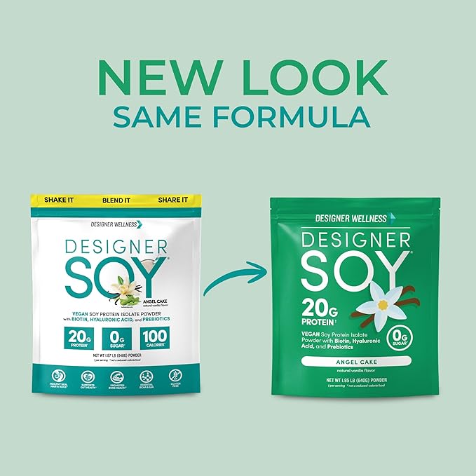 Designer Wellness Soy Isolate Protein Powder with Biotin Hyaluronic Acid and Prebiotics Vegan 0 Sugar Non-GMO Angel Cake Vanilla 1.87 lb
