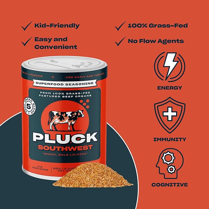 Pluck Southwest AKA Spicy Mild Organ Meat Blend Seasoning | From Grass-Fed &amp Grass-Finished Pastured Beef Organs with Redmond Real Sea Salt | As Seen on ABC’s Shark Tank | 100 Servings