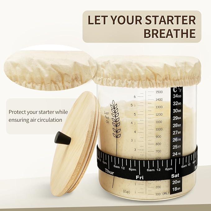 57oz Sourdough Starter Jar Wide Mouth Sourdough Jar Large Capacity Sourdough Starter Kit with Lid Band Date Tracker Temp Sourdough Bread Starter Kit for Perfect Sour Dough(1 Pack)