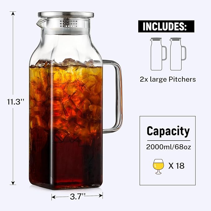 Netany 4 Pack 2 Liters/68 oz Square Glass Pitcher with Lid and Handle for Fridge Iced Tea and Coffee Carafe Beverage Serveware Heat Resistant Borosilicate Water Jug for Hot/Cold Drinks and Milk