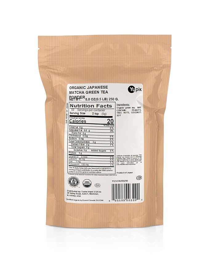Yupik Organic Japanese Matcha Green Tea Powder 8.8 oz USDA Certified Non-GMO Vegan Raw Kosher Gluten-Free Rich in Vitamin A Ideal for Beverages &amp Baking