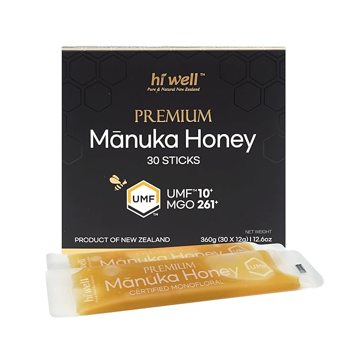 Hi Well Premium New Zealand 100% Manuka Honey | Monofloral Pure Raw Honey | UMF MGO Certified | Easy to take12g x 30 sticks | 12.6Oz(360g) (UMF 10+)