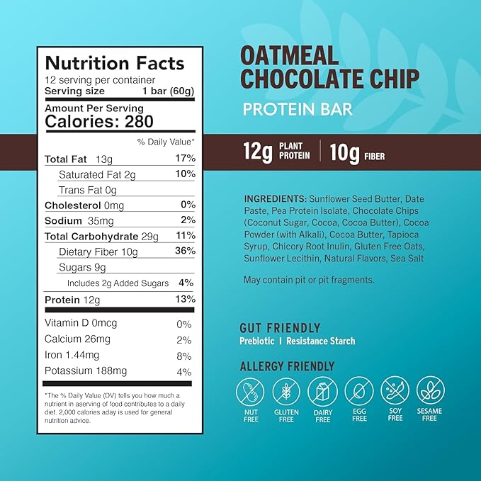 Amrita Nut Free Oatmeal Chocolate Chip Vegan Protein Bars (12 Count PK of 3) | 12g Plant-Based Protein Bar | Peanut Free Gluten Free Dairy Free | Low Sugar High Fiber School Safe
