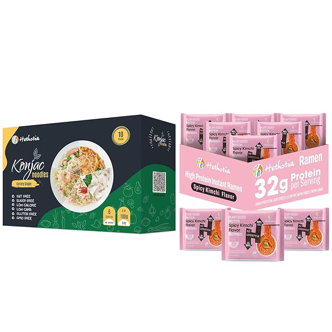 Hethstia Konjac Noodle Variety &amp Spicy Kimchi High Protein Ramen 10-Pack Low Carb Shirataki Pasta with 6-Pack 32g Plant Protein Instant Kimchi Noodle Soup Keto Low Calorie Non-GMO Healthy Pan