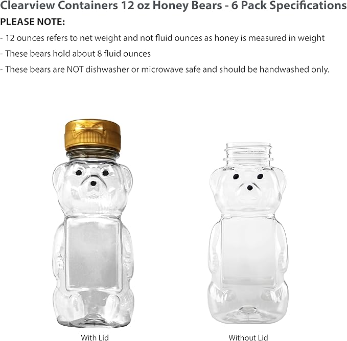 12 Ounce Clear Plastic Squeezable Honey Bears with Sealable Flip Top Lids - BPA Free Hand Wash Only (Gold 6 Pack)