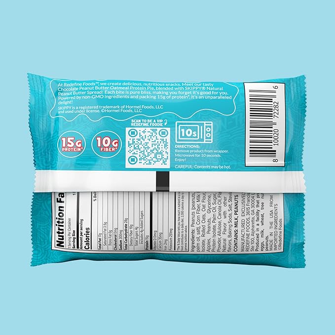 Redefine Foods Oatmeal Protein Pie SKIPPY Chocolate - 8 Count - 15g of Protein Per Serving - Non-GMO