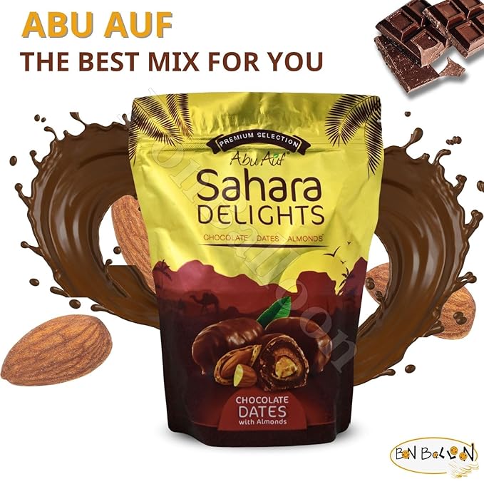 Abu Auf Semi Dry Dates Without Seed Stuffed With Almond Coated With Chocolate Sahara Delights Delicious Finest Natural Tamr Free From Genetically Modified Fresh Kosher Halal (1 Pack = 10.58 oz)