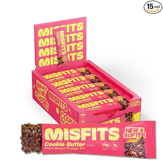 Misfits Vegan Protein Bars Cookie Butter - Updated Recipe | Plant Based Low Sugar &amp Carb High Fiber Snacks | Pack of 15