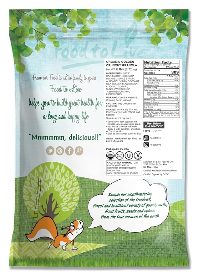 Food to Live Organic Golden Crunchy Granola 6 Pounds - Small Batch Handcrafted Bulk Great as Snack &amp for Breakfast Cereals Contains Hazelnuts Pecan Nuts Almonds Coconut Flax &amp Sunflow