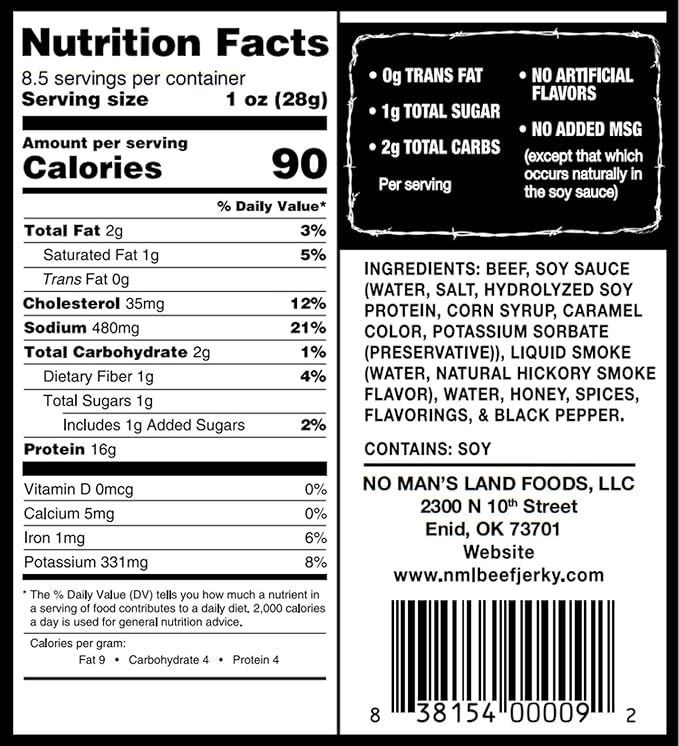 No Mans Land High Protein Beef Jerky | 16G Protein Low Carb Low Calorie Beef Snack | Slow-Dried Smoked &amp Seasoned Jerky Strips | Black Pepper 8.5oz Bag