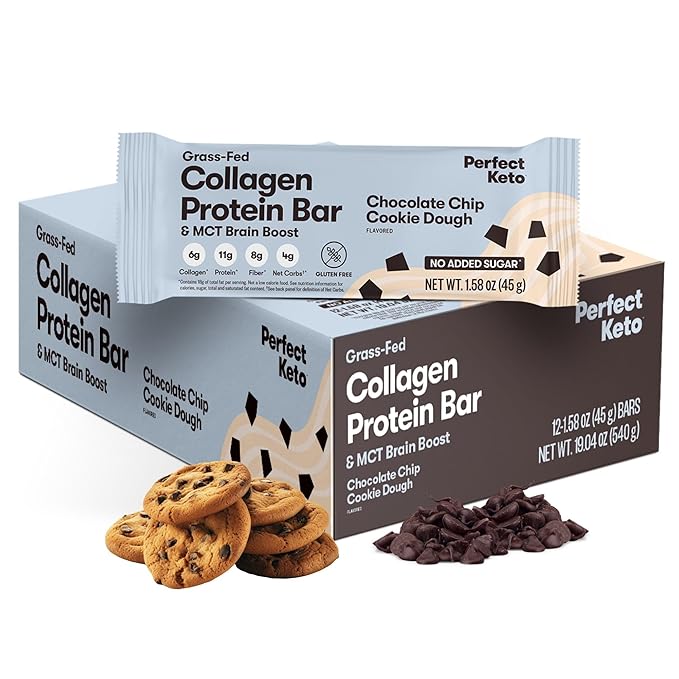 Perfect Collagen Protein Bars Gluten Free Grass Fed Collagen + MCT Oil Low Carb No Sugar Added High Protein Snacks Keto Diet Foods 11g Protein 18g Fat 3g Net Carbs Chocolate Chip 12 Bars