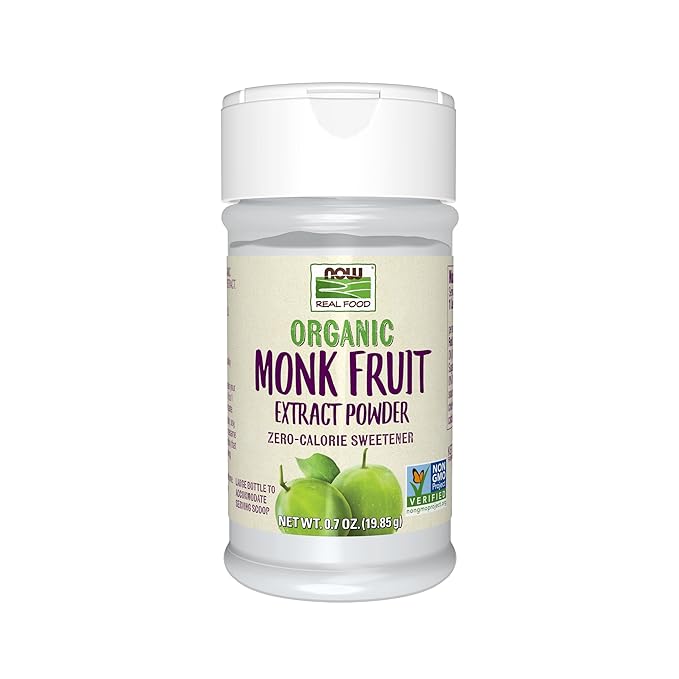 NOW Foods Certified Organic Monk Fruit Extract Powder Zero Calorie Sweetener Large Bottle for Serving Scoop Certified Non-GMO 0.7-Ounce