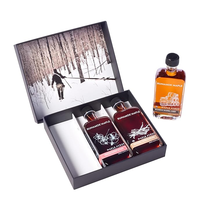 Runamok Maple Syrup Gift Box | Oprah's Favorite | Special Present For Holidays | Bourbon Barrel-Aged Hibiscus Flower &amp Cinnamon+Vanilla Infused | 3 Bottles of Real Maple Syrup | 8.45 Fl Oz (250mL