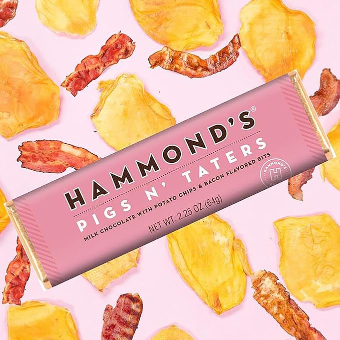 Hammond's Candies Gourmet Chocolate Candy Bars – Pigs N' Taters | Milk Chocolate Potato Chips Bacon Flavored Bits Salty Sweet and Savory Chocolate Bar Handcrafted in the USA | Pack of 5