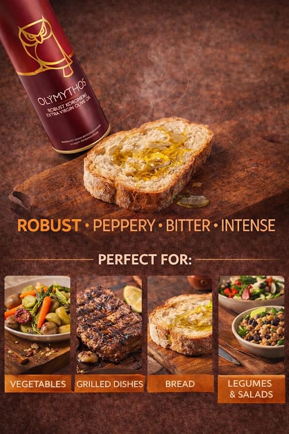 OLYMYTHOS Koroneiki Robust Extra Virgin Olive Oil - Polyphenol Rich (637 MG/KG) - World's Best Gold Award - 60X MORE Hydroxytyrosol Polyphenols - Single Origin - 750 ml (25.36 fl oz)