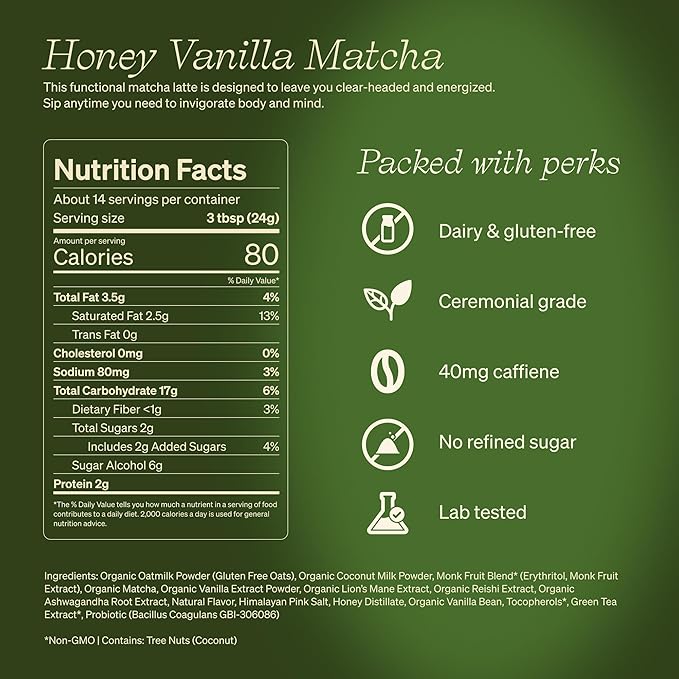 Clevr Honey Vanilla Matcha SuperLatte Instant Ceremonial Grade Superfood Powder Blend Oat Milk Lions Mane Reishi Mushroom Coconut Cream Ashwagandha Serve Hot or Iced (14 Lattes)