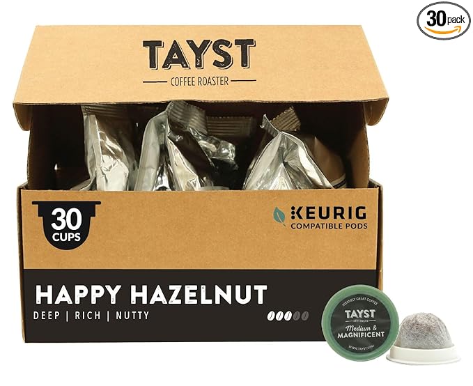 Tayst Coffee Pods Happy Hazelnut Medium Roast K Cups Compatible with Keurig Coffee Maker Sustainable Single Serve Pack of 30