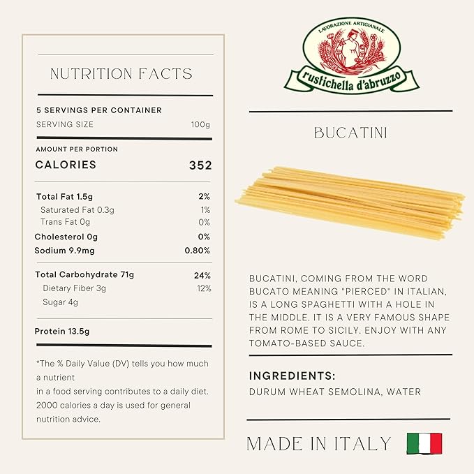 Rustichella d'Abruzzo Bucatini (Pack of 2) 500g Each - Classic Italian Pasta with a Hole - Perfect for Amatriciana Sauce - Artisan Pasta from Abruzzo