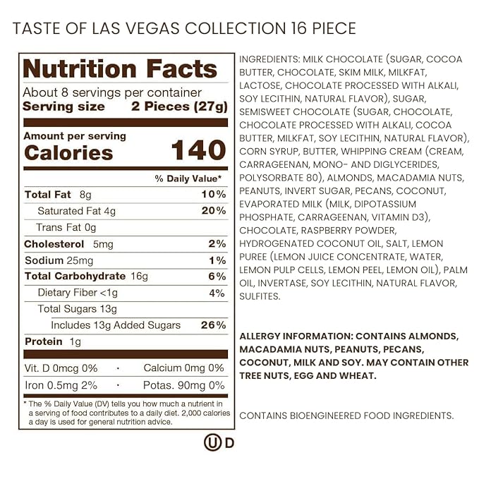 Ethel M Chocolates Taste Of Las Vegas Premium Collection 16-piece Medley of Chewy Caramels Nut Clusters Satin Cr?mes Almond Butter Crisps Milk &amp Dark Variety