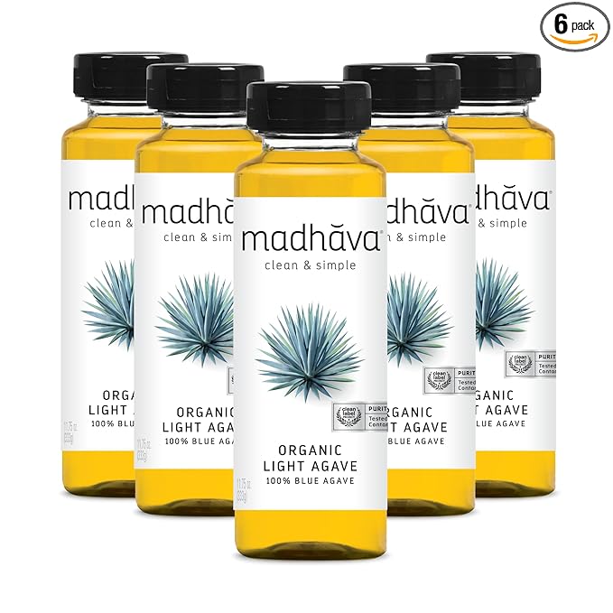 MADHAVA Organic Light Agave | 100% Pure Organic Blue Agave Nectar | Natural Sweetener Sugar Alternative | Vegan | Organic | Non GMO | Liquid Sweetener  11.75 oz. Bottle (Pack of 6)