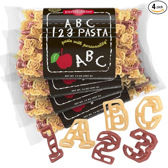 Pastabilities Fun Shaped Pasta for Kids (and Teachers)- ABC 123 Pasta - Letters and Numbers Fun Theme Non-GMO Natural Wheat Pasta All-Natural Kosher Certified Made in the USA (4 Pack14 Oz)