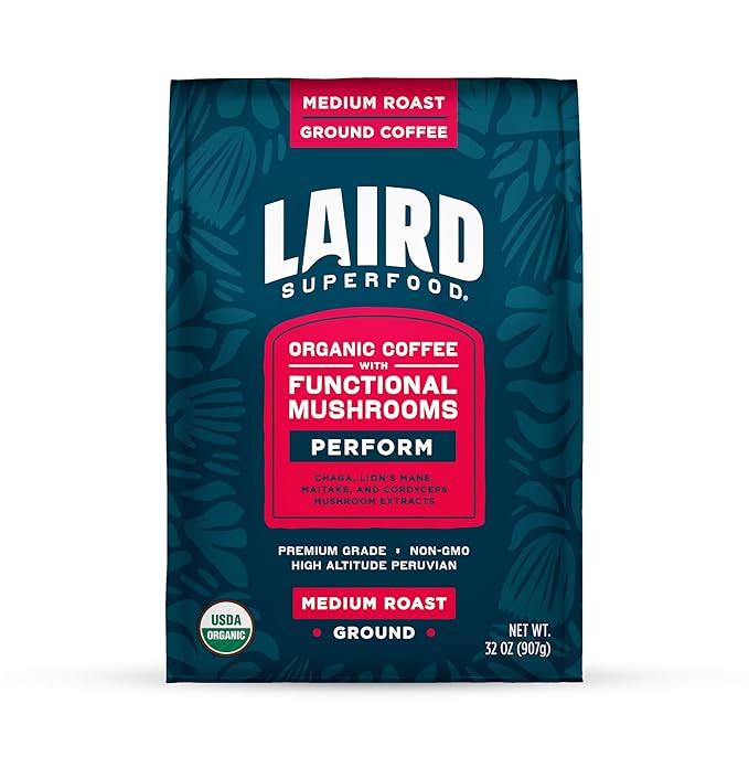 Laird Superfood Peruvian Medium Roast Coffee with Functional Mushrooms Certified Organic Peruvian Ground Coffee Beans Gluten-Free Dairy-Free Non-GMO Paleo Keto Friendly 32 oz. Bag