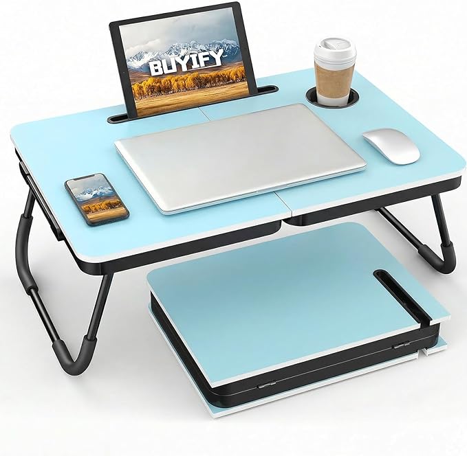 BUYIFY Foldable Laptop Bed Desk for Couch Sofa - Large Lap Desk Tray Table with Cup Holder and Tablet Slot - Portable Notebook Stand for Eating Writing Studying and WFH (Blue)