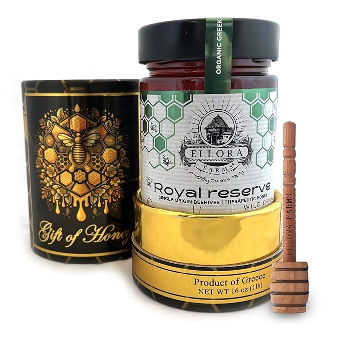 Ellora Farms Organic Greek Honey Wild Thyme Raw Unfiltered Preservative and Additive Free 2025 Paris and Dubai Gold Awards Winner Gift Pack with Dipper - 450g (16oz)