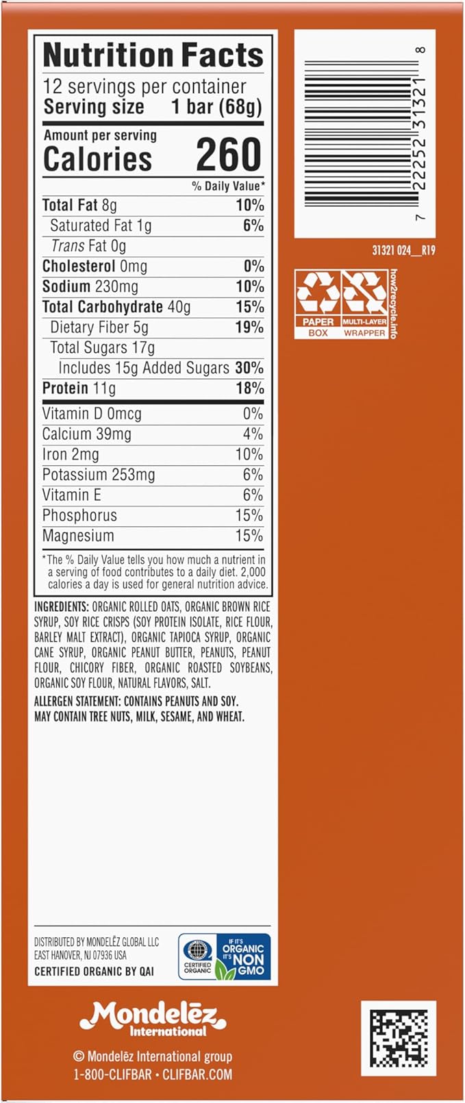 CLIF BAR - Crunchy Peanut Butter - Made with Organic Oats - Energy Bars - Non-GMO - Plant Based Protein Bars (12 Pack)
