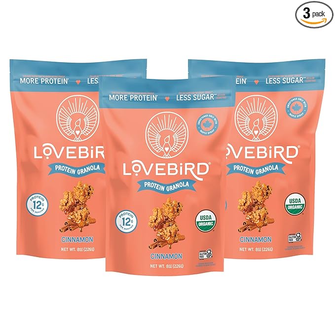 Lovebird Gluten Free Granola - Organic Protein Granola - 7 Real Ingredients - No Refined Sugar &amp Healthy Cinnamon Mix for High Protein Cereal Gut Health USDA Organic - Cinnamon 3 Pack