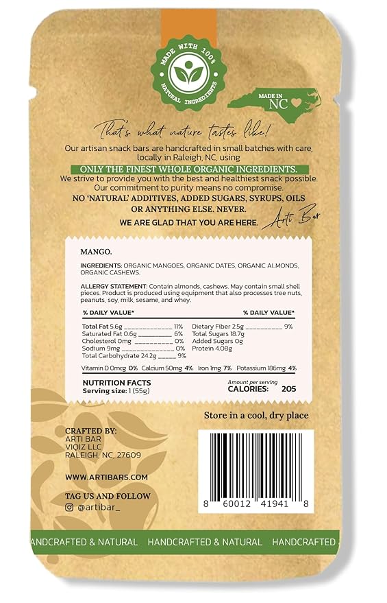 Arti Bar – Mango | Whole Food Energy Bar | 40% Real Mango Vegan Gluten-Free No Added Sugar Clean Ingredients | Plant-Based Healthy Snack