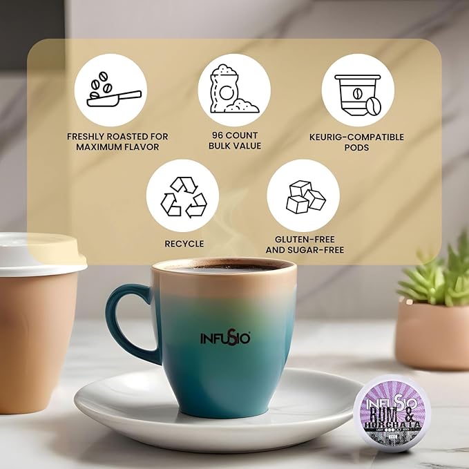 InfuSio Coffee Pods 96 Count Rum &amp Horchata Flavored Medium Roast Single serve Coffee pods for Keurig K Cups Brewers - InfuSio Premium Roasted Keurig 2.0 Compatible