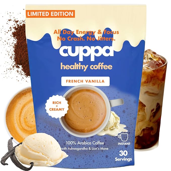 Cuppa French Vanilla Coffee - Great tasting medium roast with mushrooms adaptogens &amp superfoods - Lion's Mane Ashwagandha Cordyceps MCT Prebiotic Fiber &amp L-Theanine. Supports natural ener