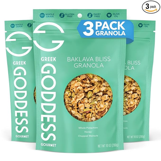 Greek Goddess Gourmet Baklava Bliss Granola with Pistachios Walnuts Wildflower Honey Cinnamon &amp Clove 100% Whole Grain Oats &amp Olive Oil – Healthy Greek-Inspired Gluten Free Granola 10oz