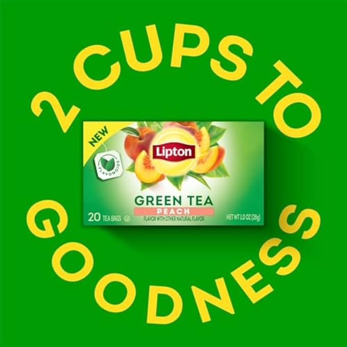 Lipton Peach Green Tea Bags Flavored Unsweetened Teabags for Hot Tea or Peach Iced Tea with Caffeine and Flavonoids 120 Total Tea Bags (20ct - Pack of 6)