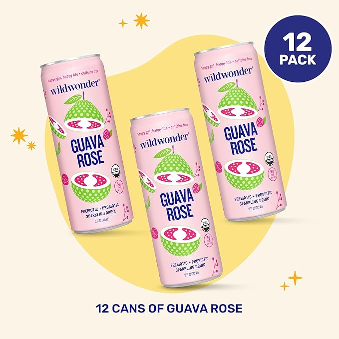 wildwonder Sparkling Probiotic Drink 12pk for Gut Health &amp Immune Support Guava Rose 5 G Prebiotic Fiber Live Probiotics Organic Vegan Low Sugar 12 Pack 12 Oz Can As Seen on Shark Tank