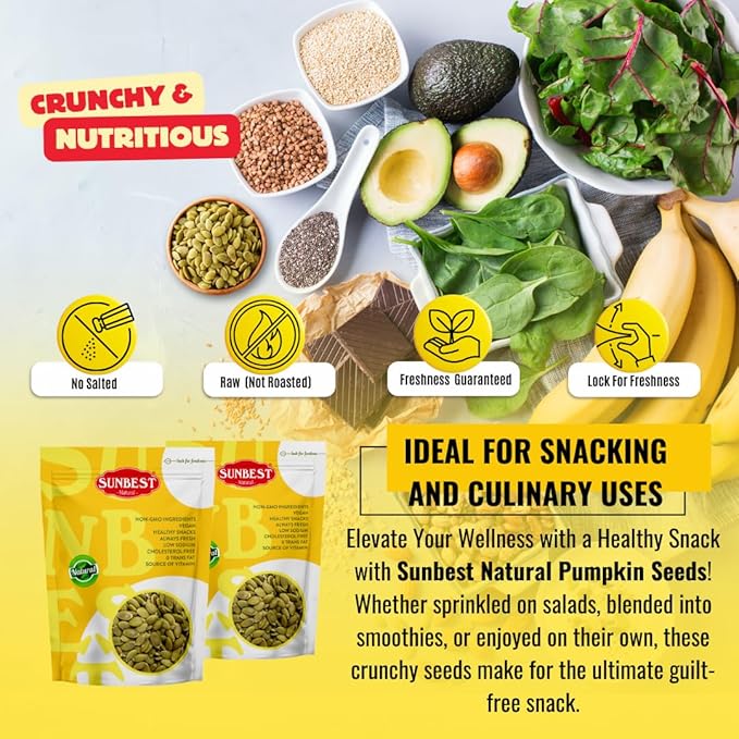 Sunbest Natural Raw Pumpkin Seeds 3 lbs – Unsalted &amp Shelled – Whole Pepitas Pumpkin Seeds to Eat – Great for Snacking Baking &amp Topping – Rich in Essential Fatty Acids Iron &amp Protein (