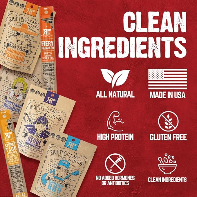 Righteous Felon Beef Jerky &amp Meat Sticks Variety Pack | Gluten Free Beef Jerky Snack Packs for Adults | High Protein Keto Low Sugar | Made with Premium Meats | Gifts for Men | Spicy Jerky 6 Pack