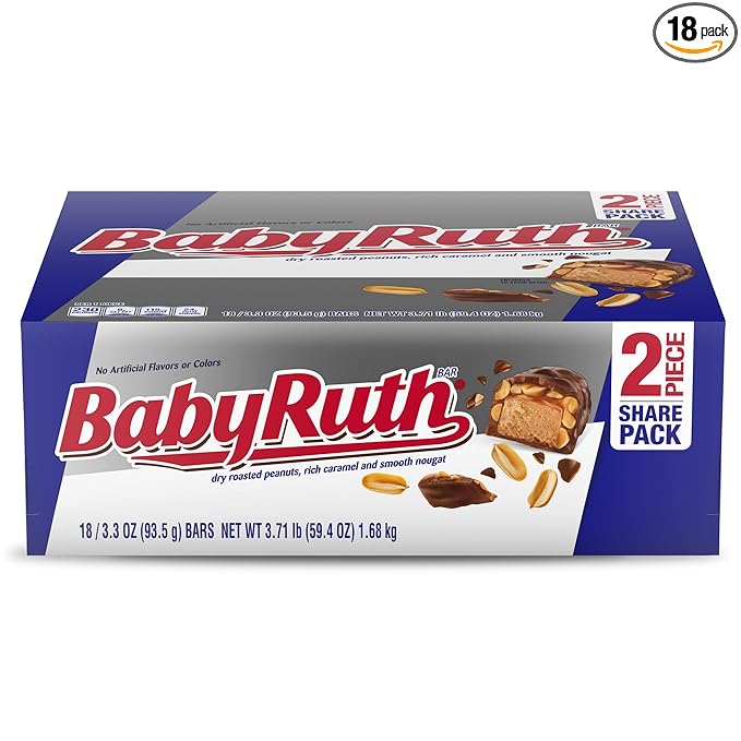 Baby Ruth Candy Bar with Chocolatey Caramel Peanuts and Nougat 2 Piece Share Pack 3.3 oz Bulk 18 Pack