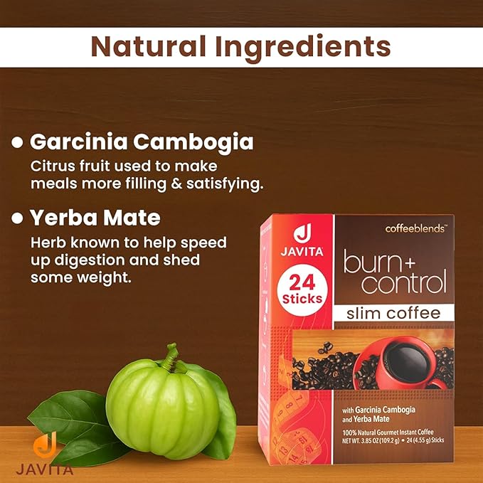 Javita Burn + Control Instant Coffee – Smooth Arabica Robusta Blend with Garcinia &amp Yerba Mate – Supports Metabolism &amp Daily Energy – Convenient Slim-Style Coffee Mix (1 box/24 serv.)