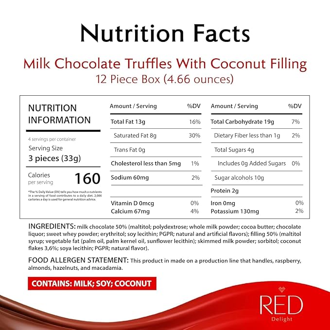 RED Delight®™ Milk Chocolate Diamond Truffles - with Coconut Filling (8 Boxes (4.66 OZ EACH) + 14 Plush Teddy Bear)