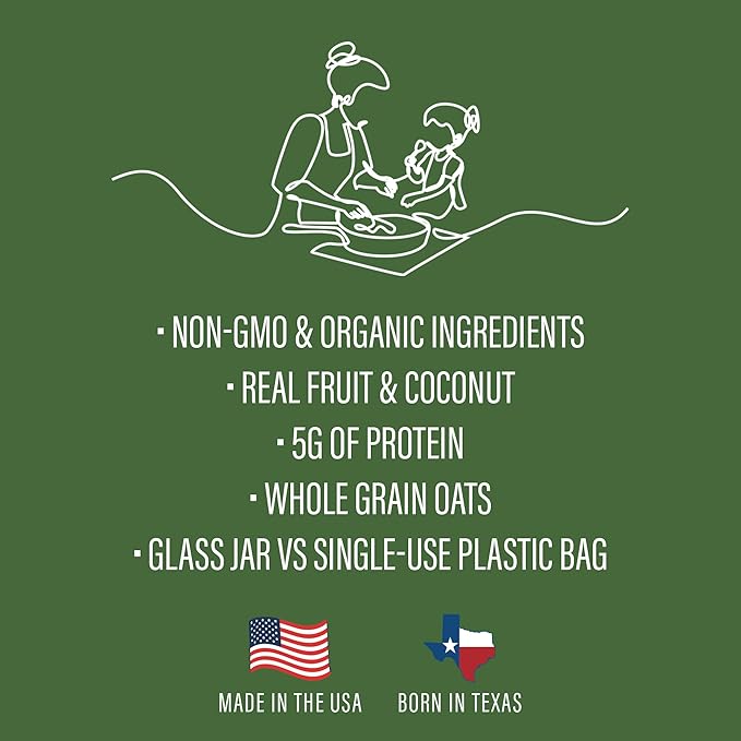 Kin Kitchen non-GMO Granola &amp Organic Quinoa Crisps in a Glass Jar Recyclable and Resusable. Made with Real Fruit. No Aritificial Colors Flavors or Perservatives. Made in USA with Globally Sour